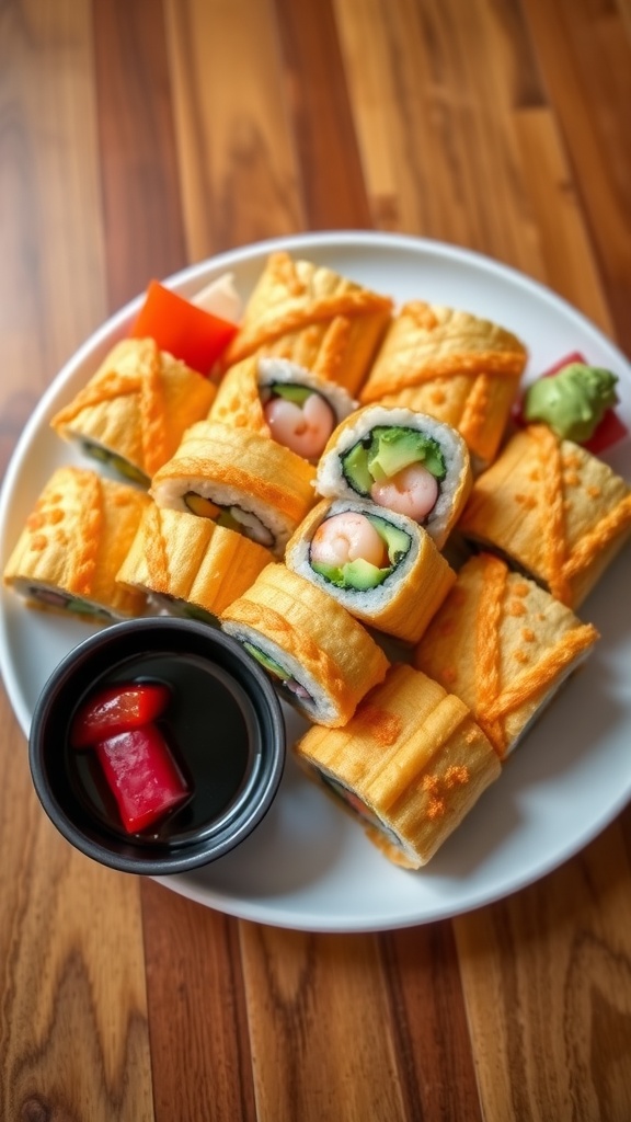 Crispy sushi snap rolls filled with avocado and shrimp, served with soy sauce and garnished with pickled ginger on a wooden table.